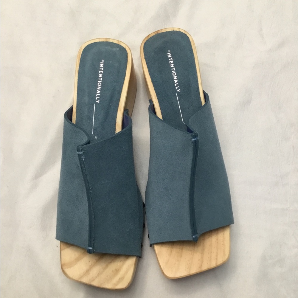 INTENTIONALLY BLANK Blue Mules with Suede Strap